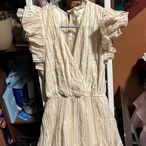 Metallic Striped Print Surplice V-Neck Ruffled Short Sleeve Tiered Midi Dress